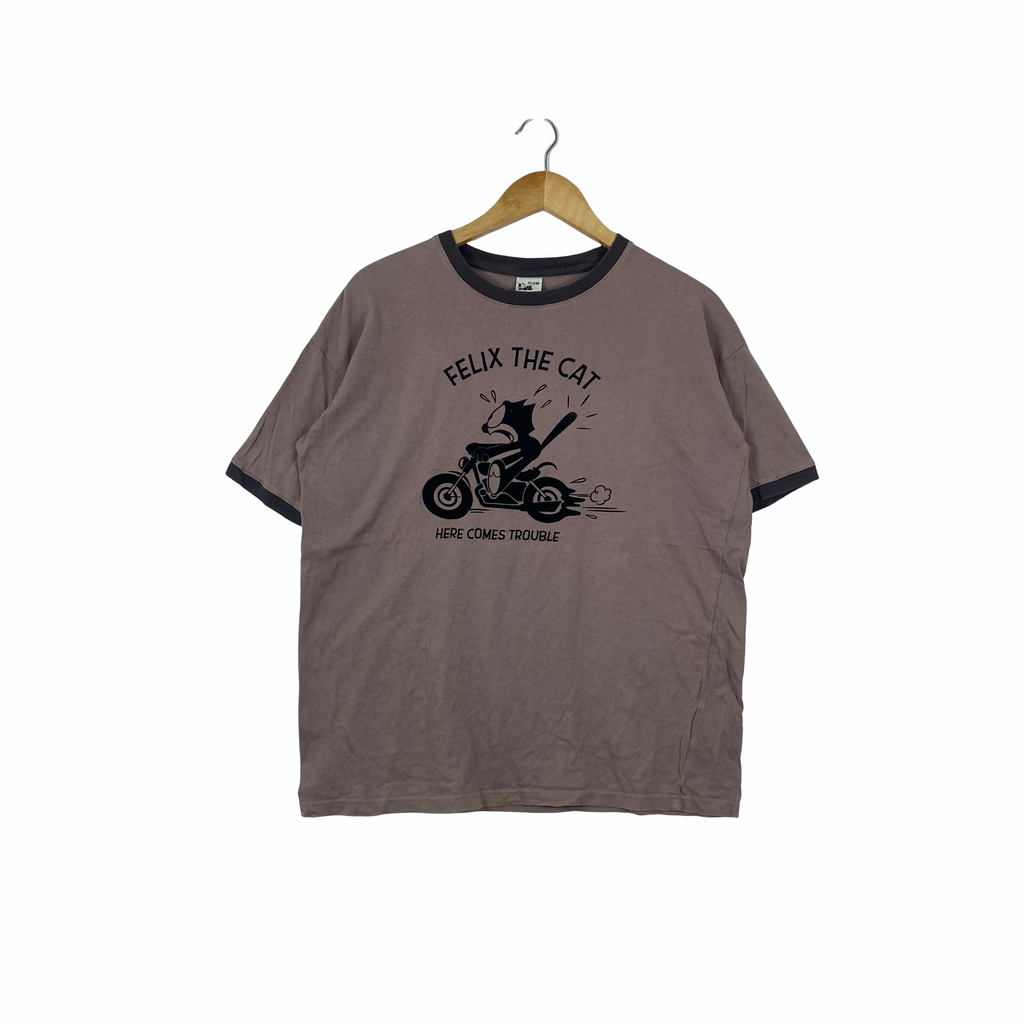 Vintage FELIX THE CAT Motorcycle Graphic Ringer T-Shirt Cartoon Character Biker Casual Streetwear