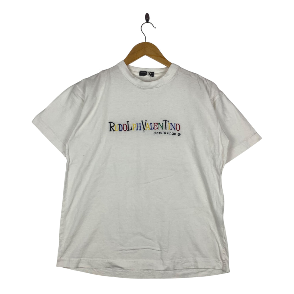 Vintage RUDOLPH VALENTINO Sports Club Emroidered Logo Tee Shirt Top Rainbow White Short Sleeve
