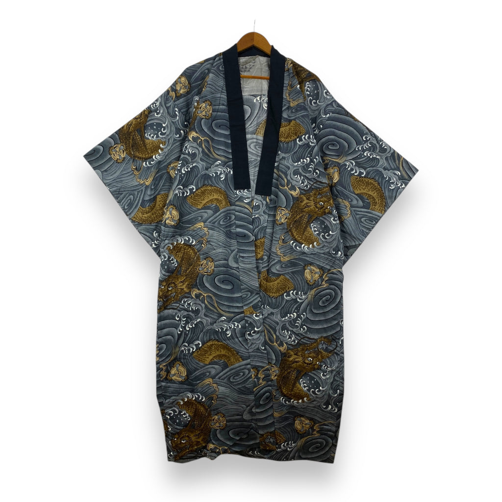 Vintage 80’ KIMONO JAPAN DRAGON Temple Nature Coat Cape Poncho Over Print Jacket