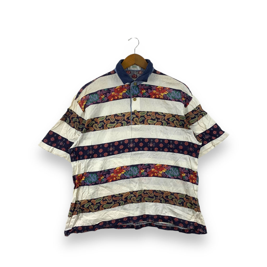 Vintage MUNSINGWEAR GRAND SLAM Floral Paisley Polo Tee Shirt Striped Cotton Over Print AOP