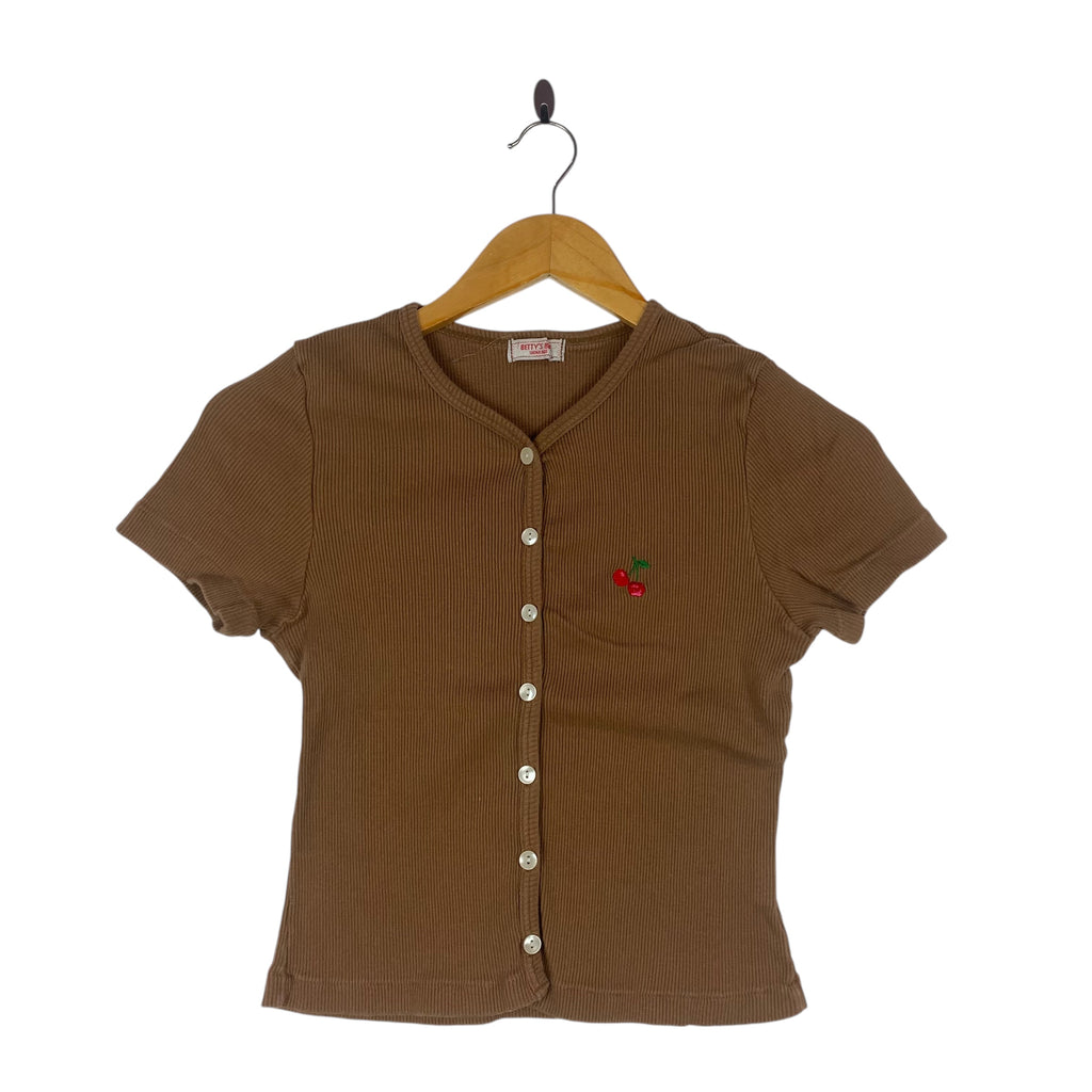 BETTY'S BLUE Brandy Melville Cherry Shinji Abe Tee Shirt Top  lButton-Up Ribbed Crop Top Short Sleeve Y2K Style
