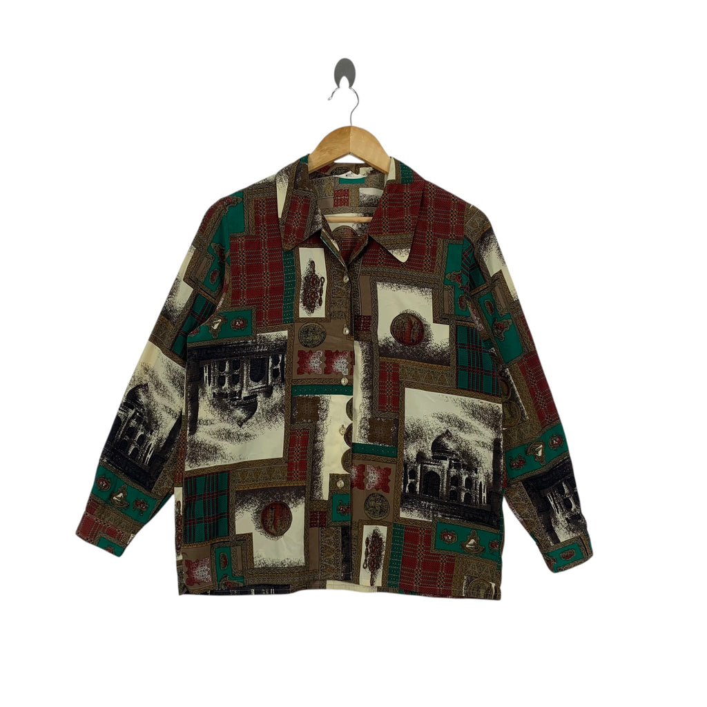 Vintage AMY PARIS Taj Mahal Painting Casual Tee Shirt Button Up Over Print