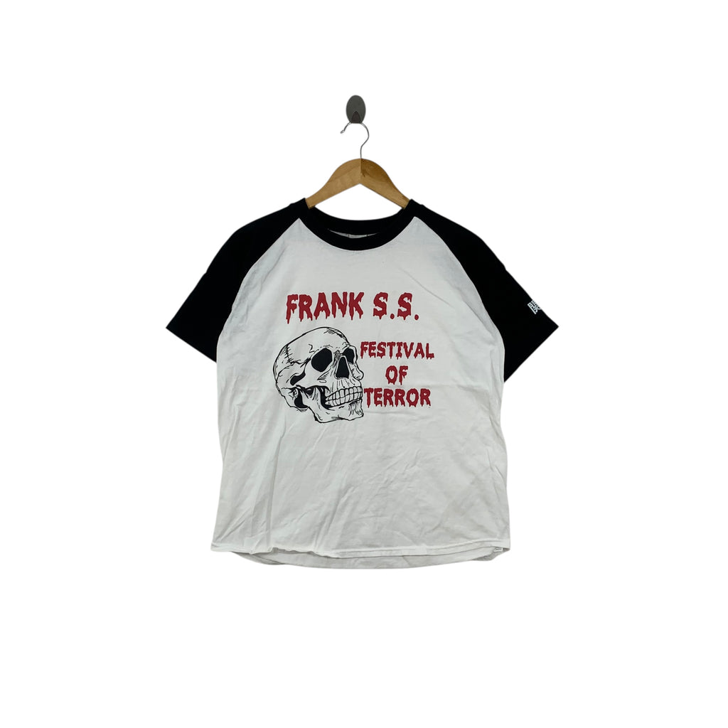 FESTIVAL OF TERROR Frank S.S. Skull Bones Raglan Tee Shirt Top Punk Band Motorcycle