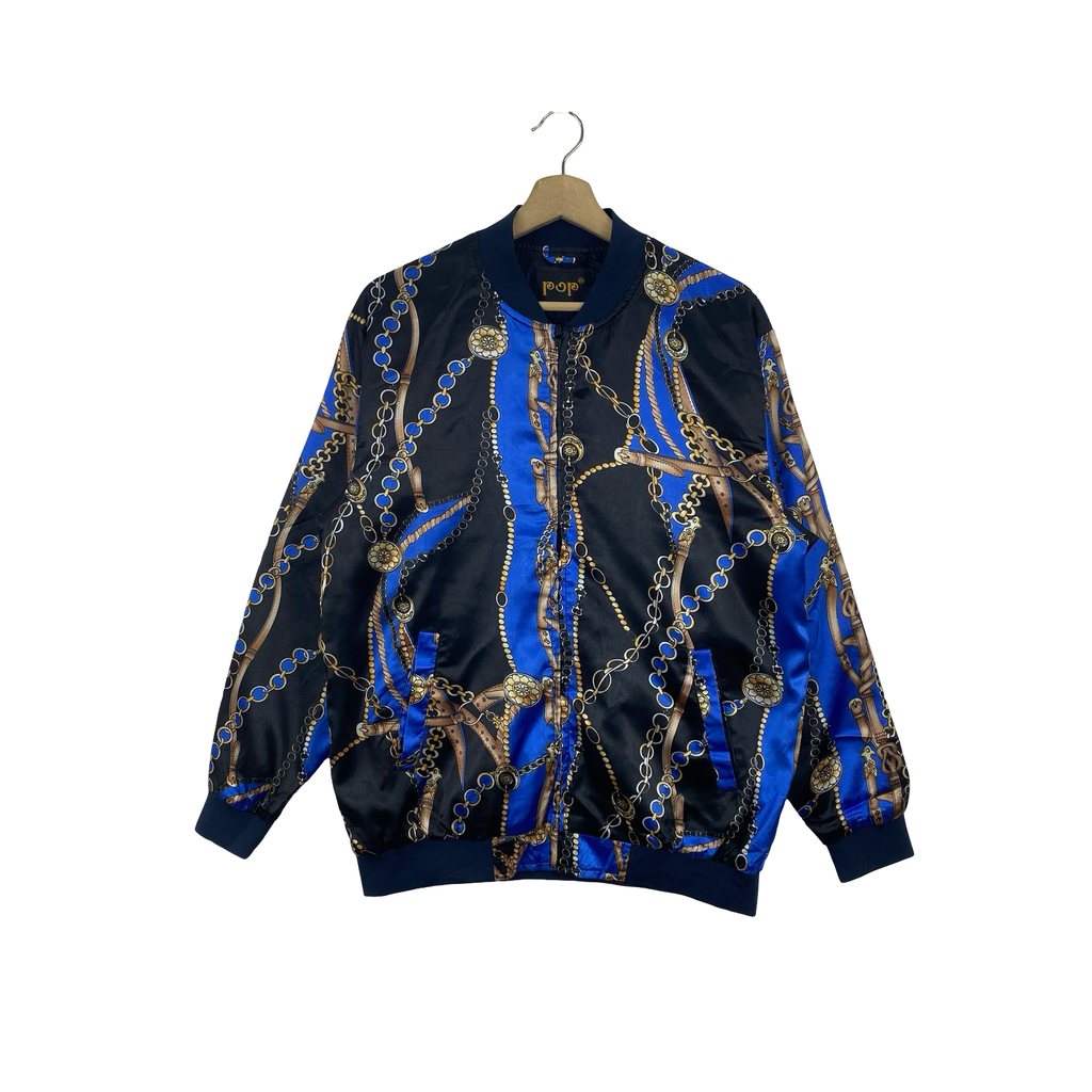 Vintage POP ENGLAND  Chain Baroque Print Satin Bomber Jacket Full Zip Streetwear Varsity Style Lightweight Retro Fashion Outerwear Coat