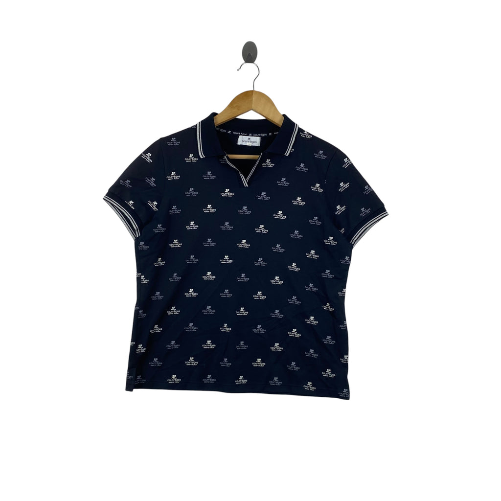 Vintage COURREGES  Sport Futur Polo Shirt All Over Logo Pattern Short Sleeve Retro Designer Tennis Golf Style