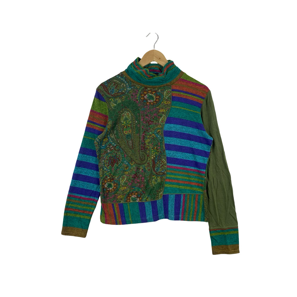 Vintage VIA FABURRICA Patchwork Knit Turtleneck Sweater Paisley Striped Long Sleeve Boho