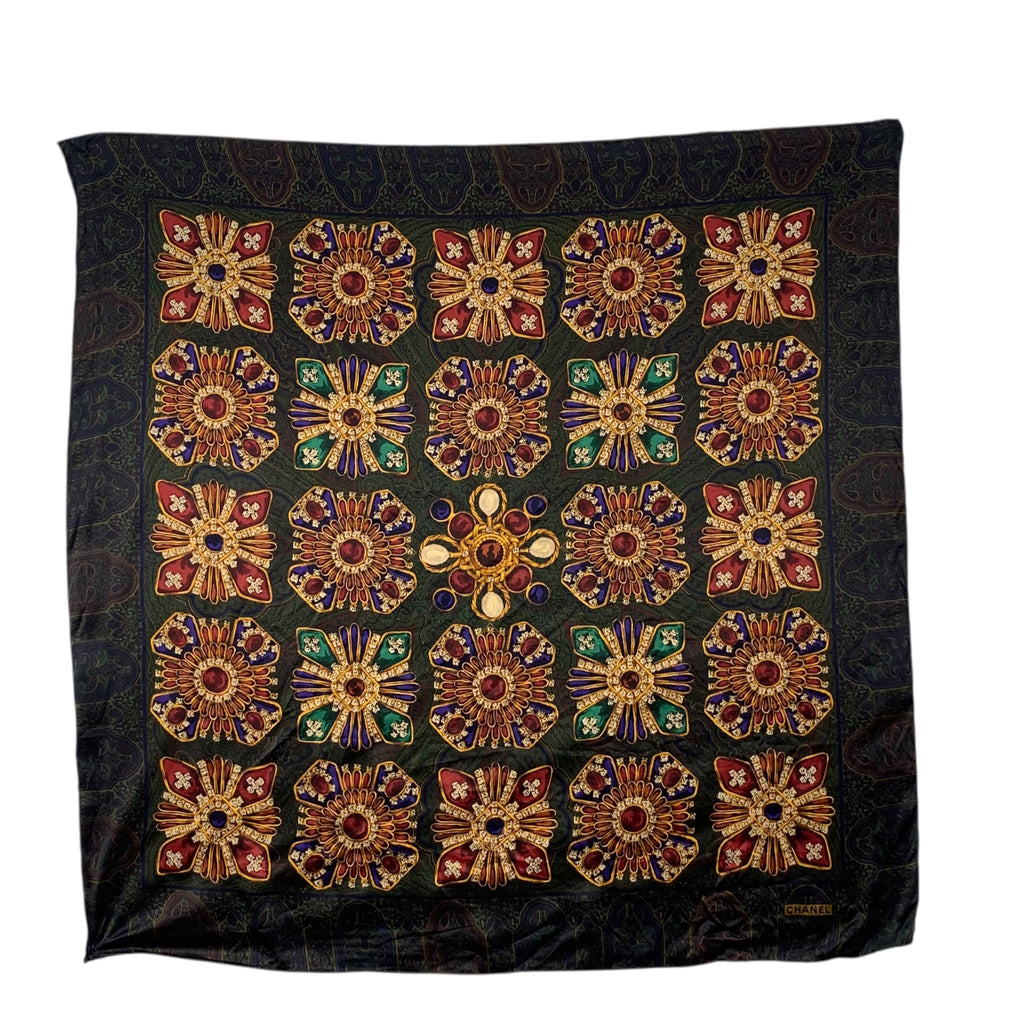 Vintage CHANEL PARIS Jeweled Medallion Silk Scarf Hand Rolled Shawl Neckerchief Fleur De Lys Accents