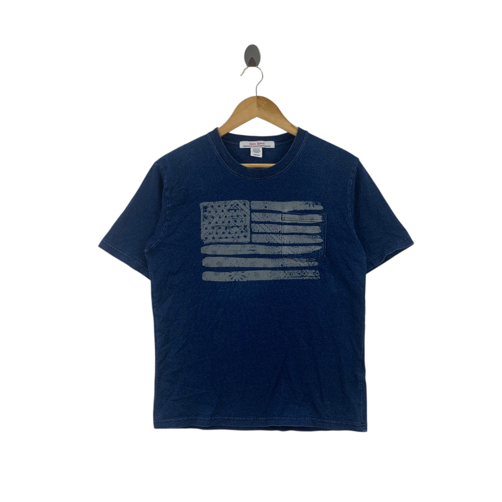 SEA BEES Paisley Flag Graphic Pop Art Blue Tee Shirt Top Streetwear