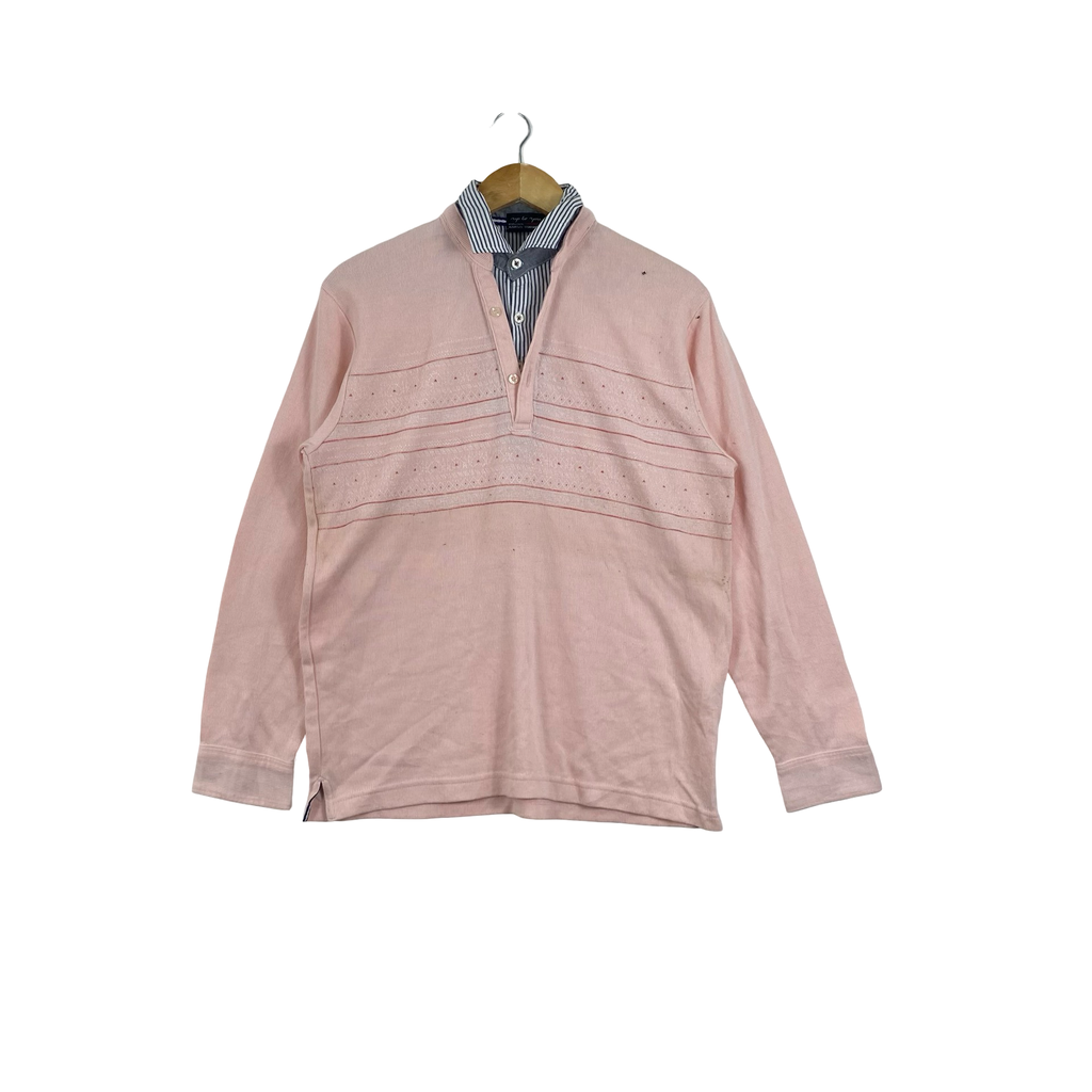 Vintage “UP TO YOU” by Kansai Yamamoto Long Sleeve Polo Shirt with Striped Collar, Embroidered Chest Detail