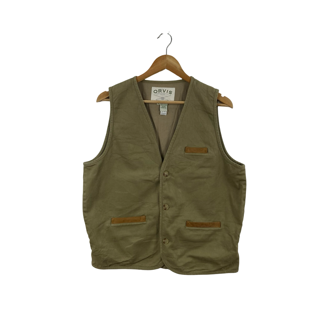 ORVIS SPORTING TRADITIONS Utility Vest Leather Trim Button Front Outdoor Fishing Style