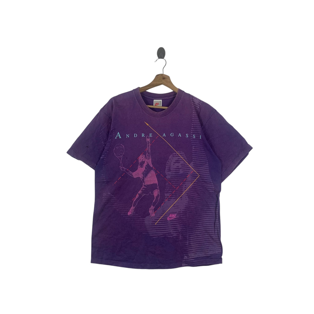 Vintage 90’ NIKE x ANDRE AGASSI Natural Faded Trashed Tee Shirt Top Tennis Challenge Court Made In USA