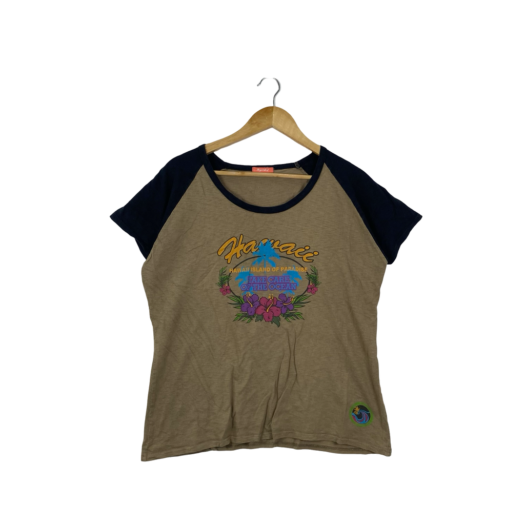 Vintage ROYAL SURF HAWAII Island of Paradise Graphic Raglan Tee Shirt Tropical Floral Ocean