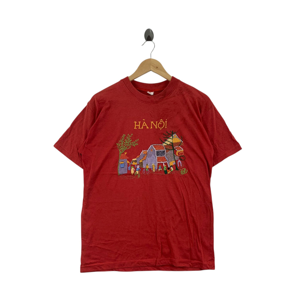 Vintage 80s HANOI VIETNAM SOUVENIR Cold War Thrashed Tee Shirt Top Embroidered Logo