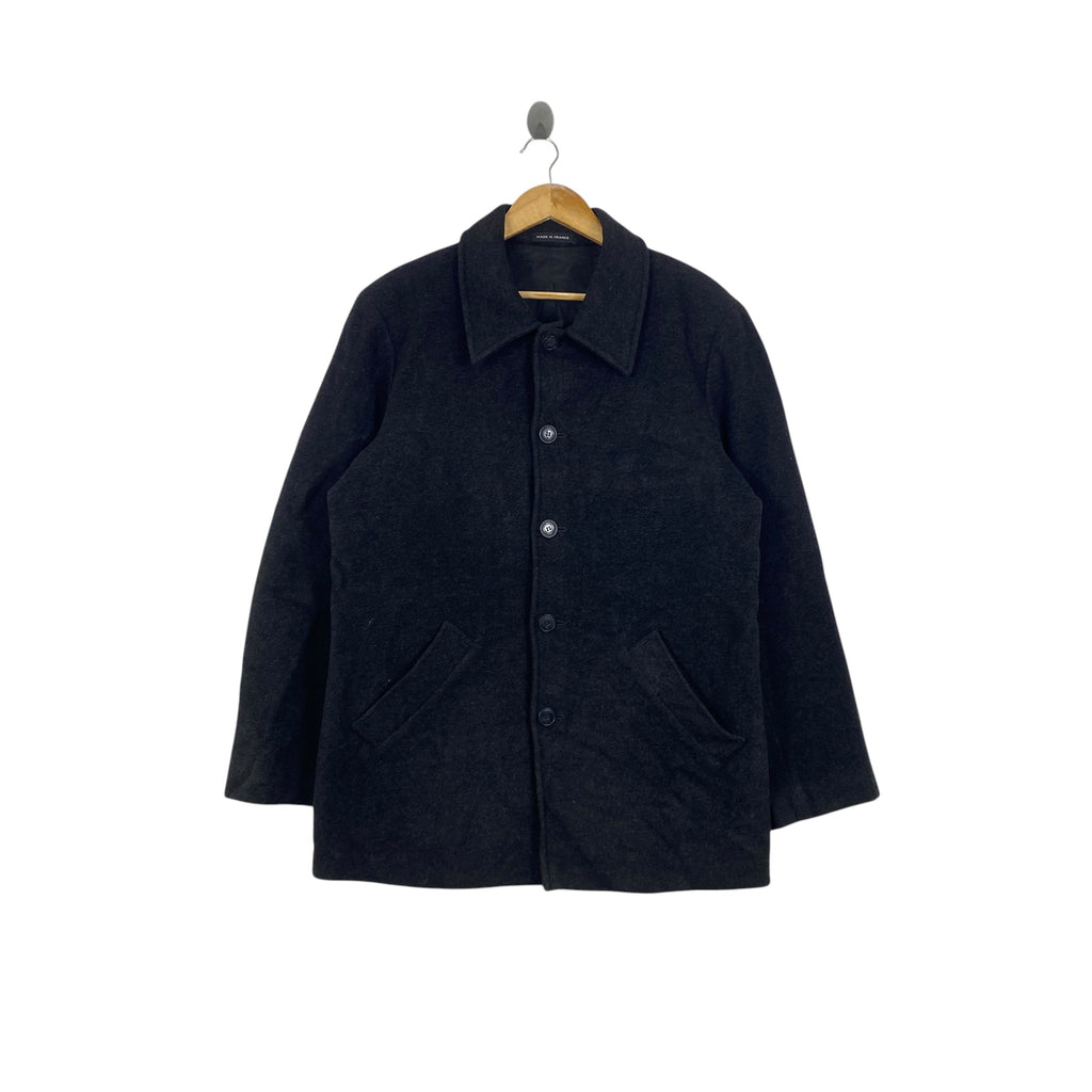 Vintage AGNES B. HOMME Coat Jacket Charcoal Button-Up Overcoat Classic French Long Sleeve Outerwear Retro Minimalist Style