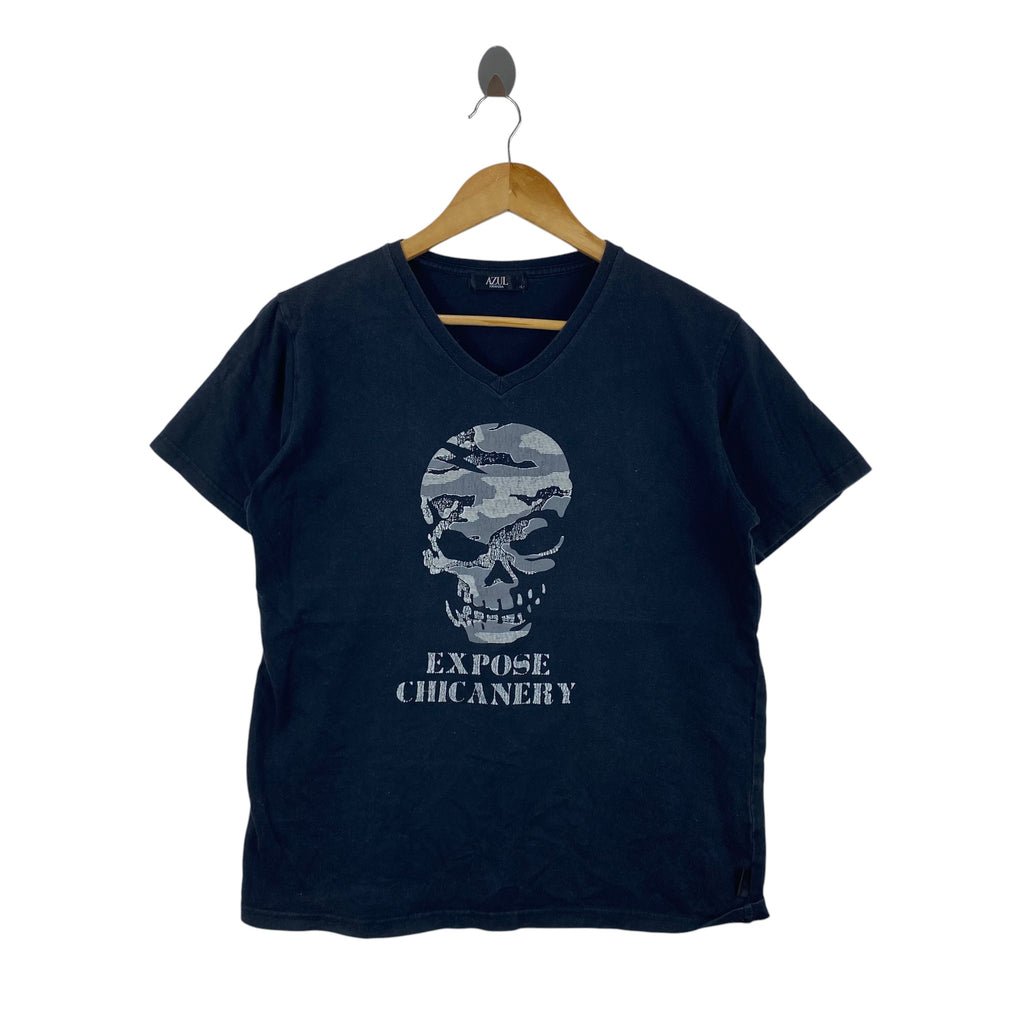 Vingate AZUL Primera Expose Chicanery Skull Graphic V-Neck T-Shirt Streetwear Punk Rock