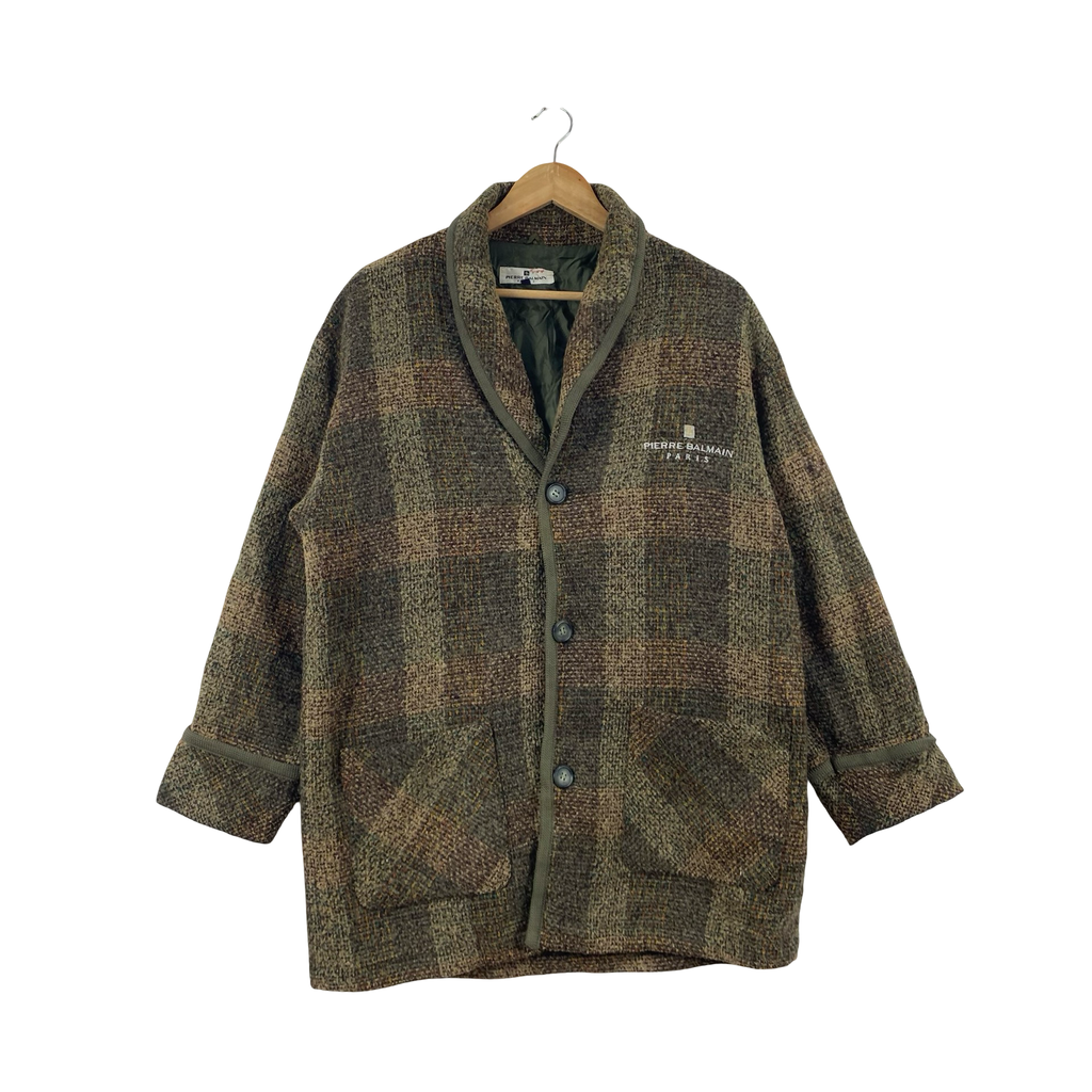 Vintage PIERRE BALMAIN Paris Plaid Coat Jacket Shawl Collar Oversized Retro