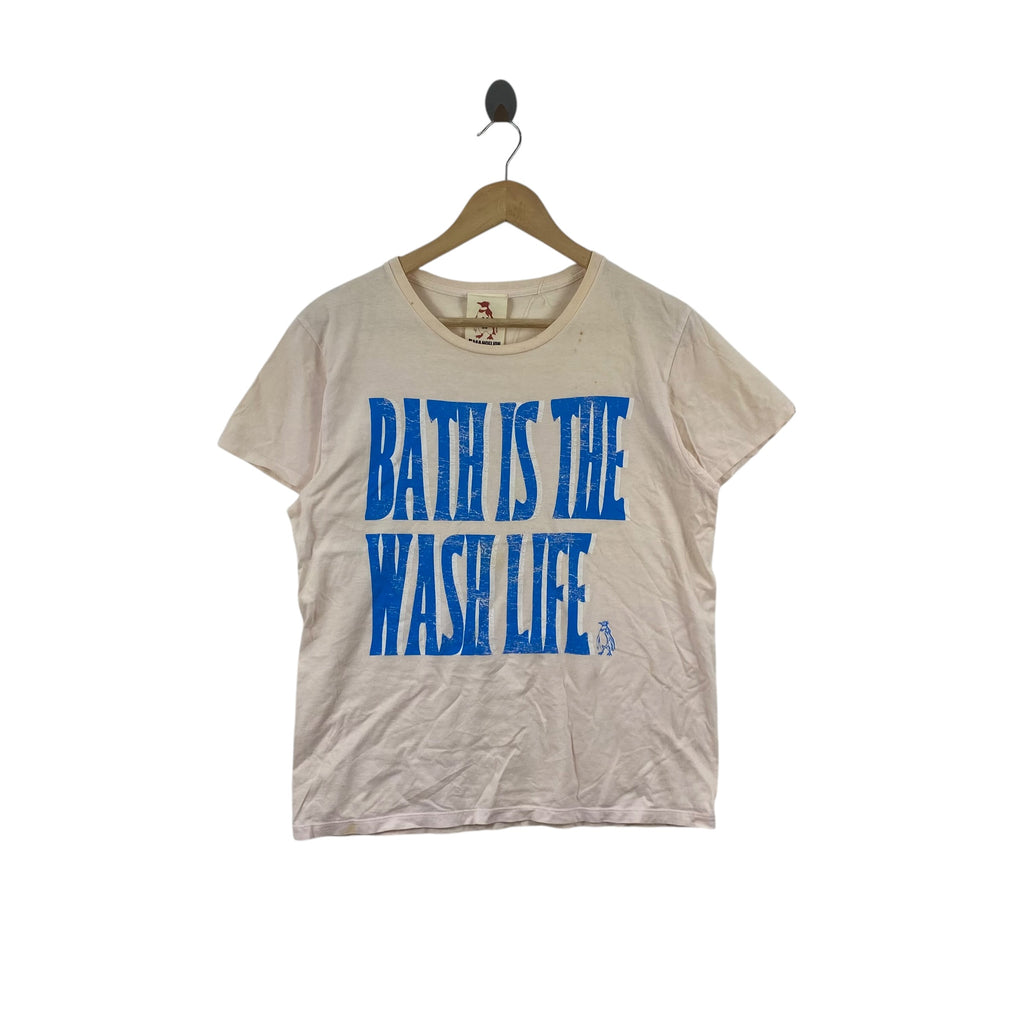 Vintage EVANGELION PENGUIN Graphic “BATH IS THE WASH LIFE” Big Logo Print Tee Shirt Streetwear Casual