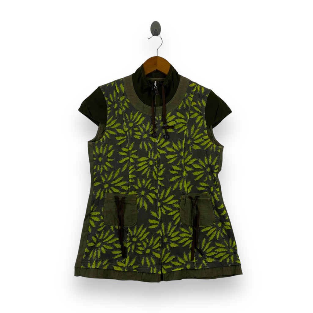 Vintage DONNA BELLO Green Floral Patterned Sleeveless Jacket Women Zipper Vest