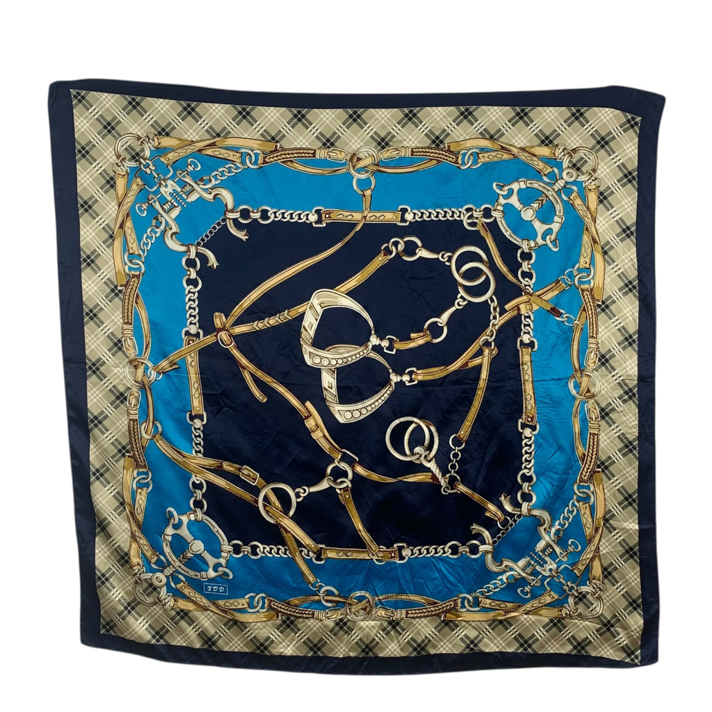 Vintage EQUESTRIAN HORSE BIT Gold Tack Silk Scarf Hand Rolled Shawl Neckerchief