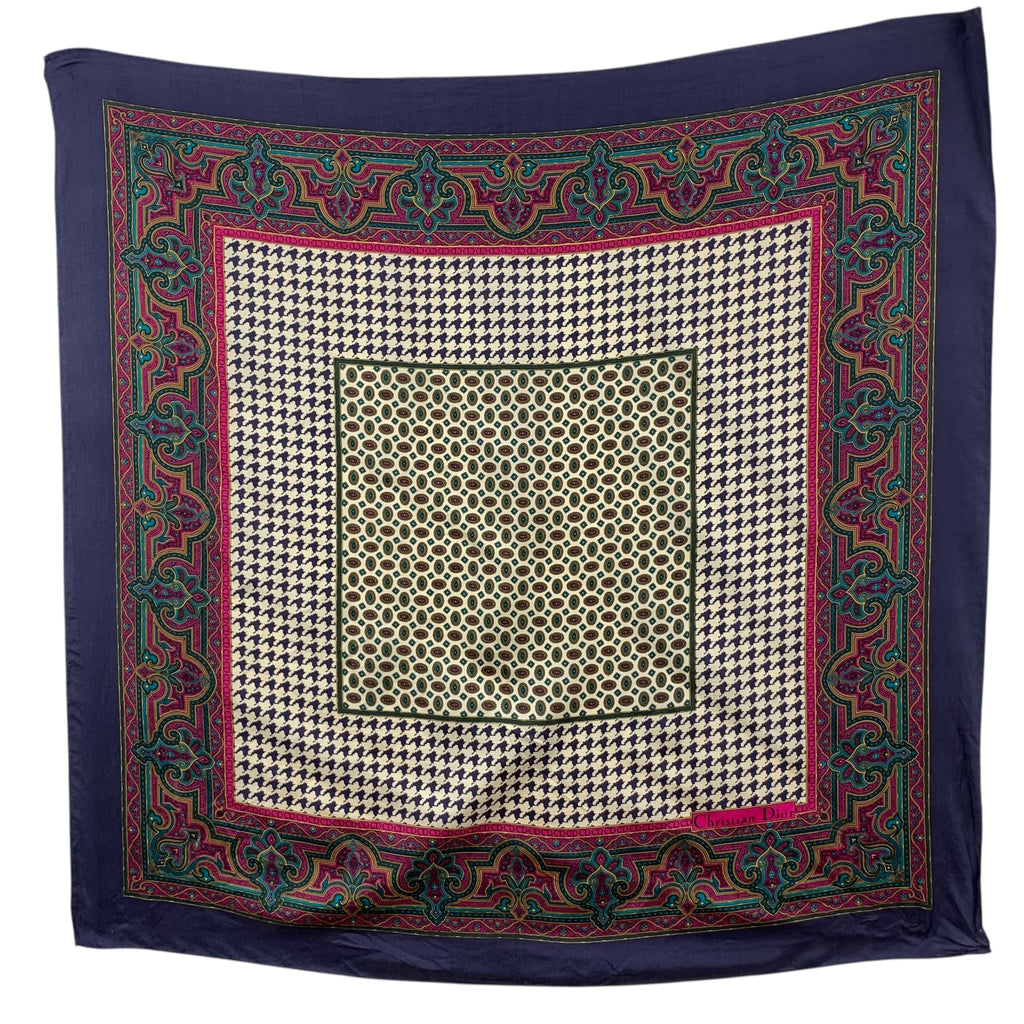 Vintage CHRISTIAN DIOR PARIS Houndstooth Ornate Silk Scarf Shawl Hand Rolled Neckerchief