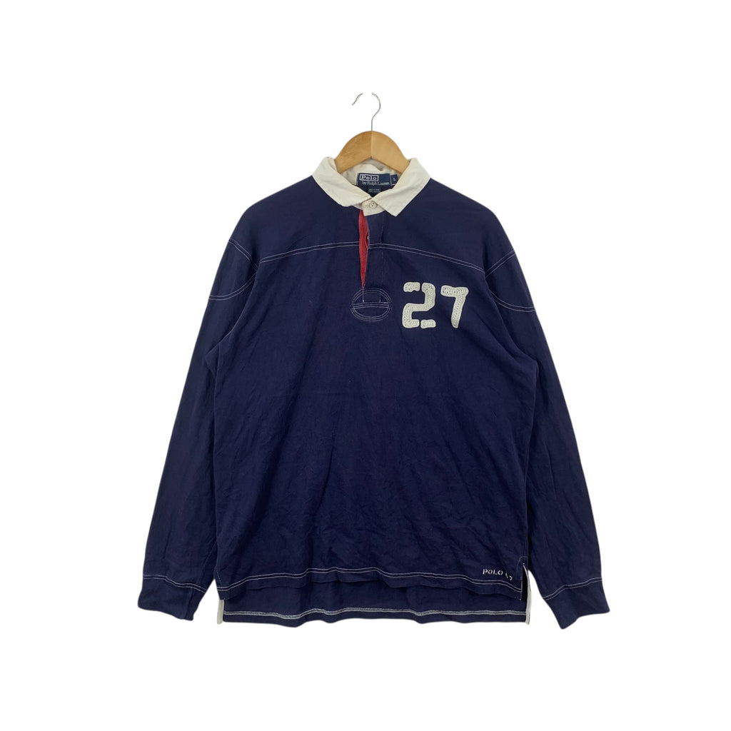 Vintage POLO RALPH LAUREN 67 Rugby Natural Indigo Tee Shirt Top Collar Long Sleeve