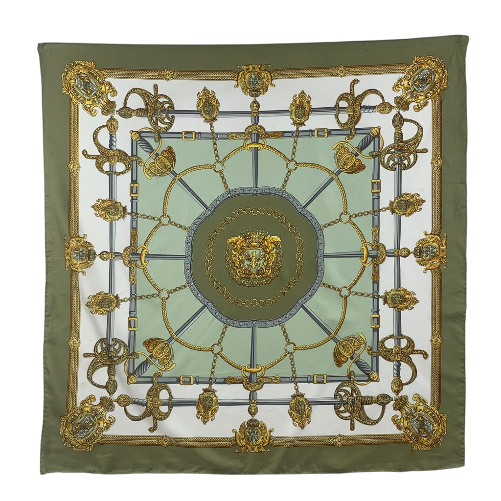 Vintage REGAL BAROQUE CREST Chain Silk Scarf Hand Rolled Shawl Neckerchief Olive Green