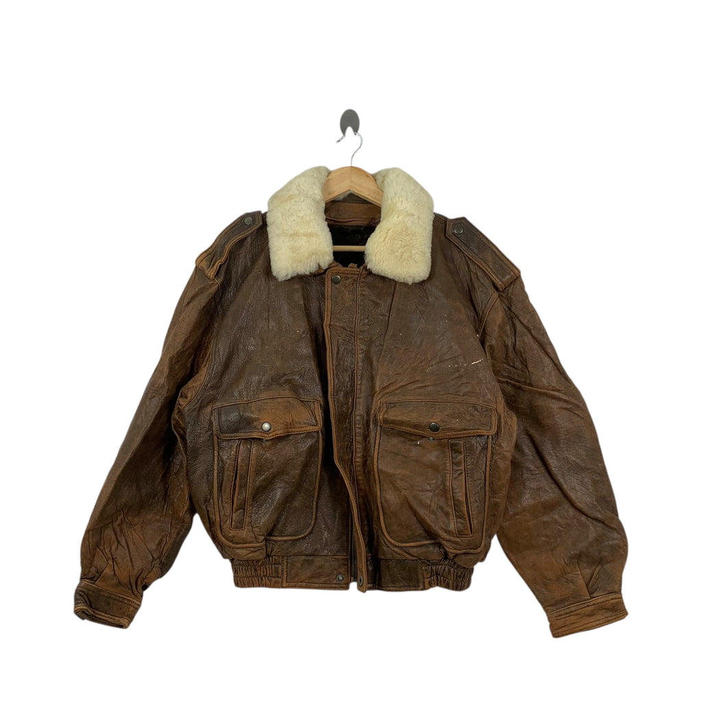 Vintage REAL LEATHER SHEARLING Trucker Western Jacket Cowboy Rider Outdoor Made In USA