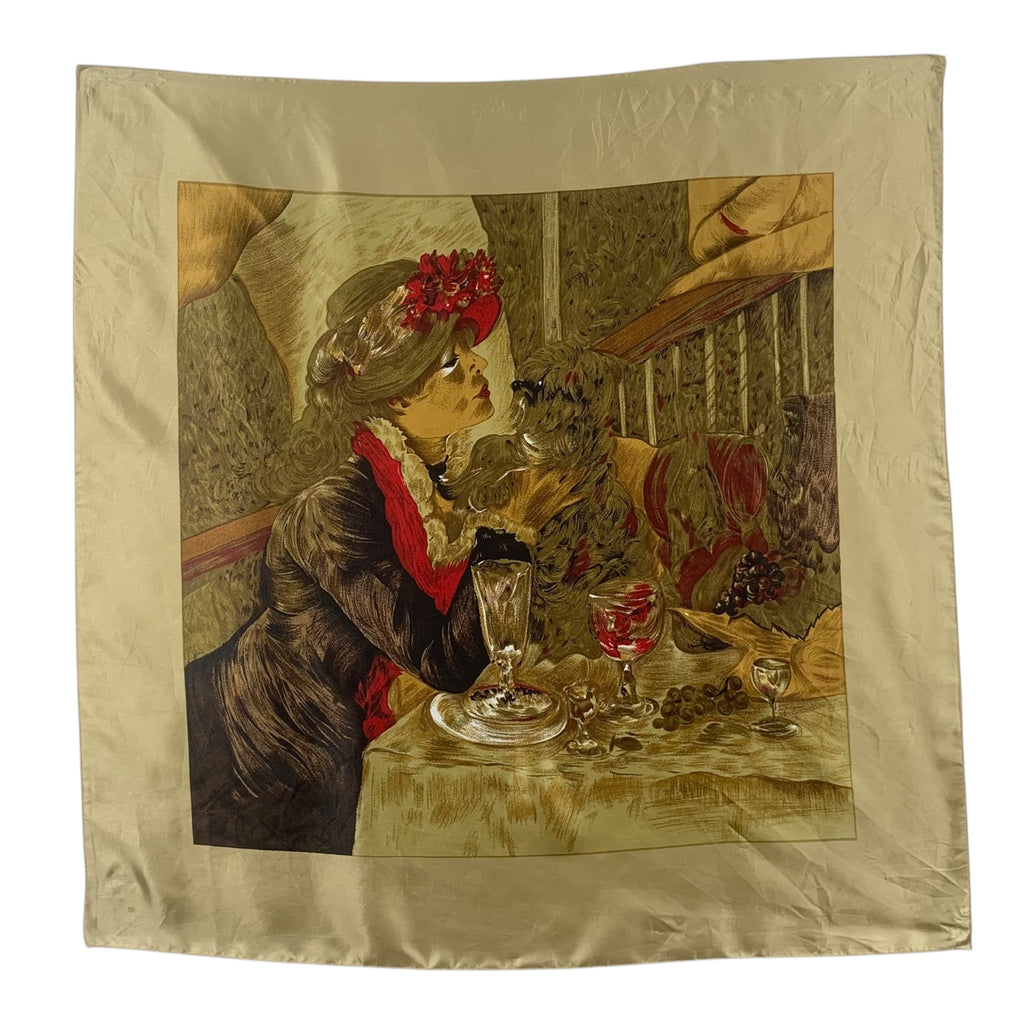 Vintage ART PRINT PAINTING Cafe Scene Silk Scarf Hand Rolled Shawl Neckerchief Lady & Dog
