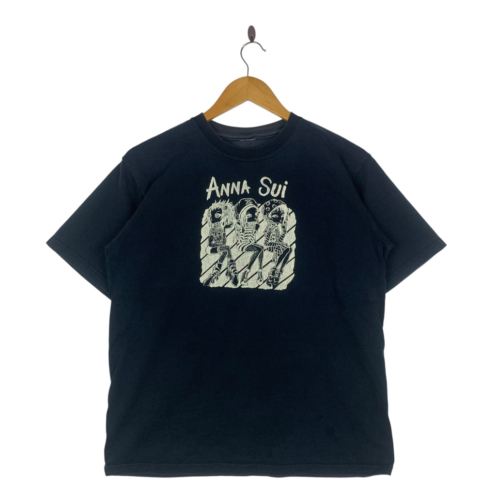 ANNA SUI LONDON Anime Cartoon Illustration Manga Tee Shirt Top Black Short Sleeve