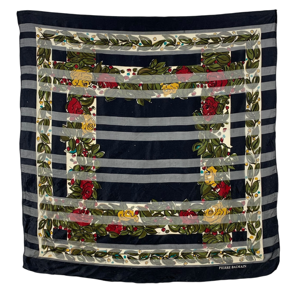 Vintage PIERRE BALMAIN PARIS Floral Rose Wreath Silk Scarf Hand Rolled Shawl Neckerchief Checkered