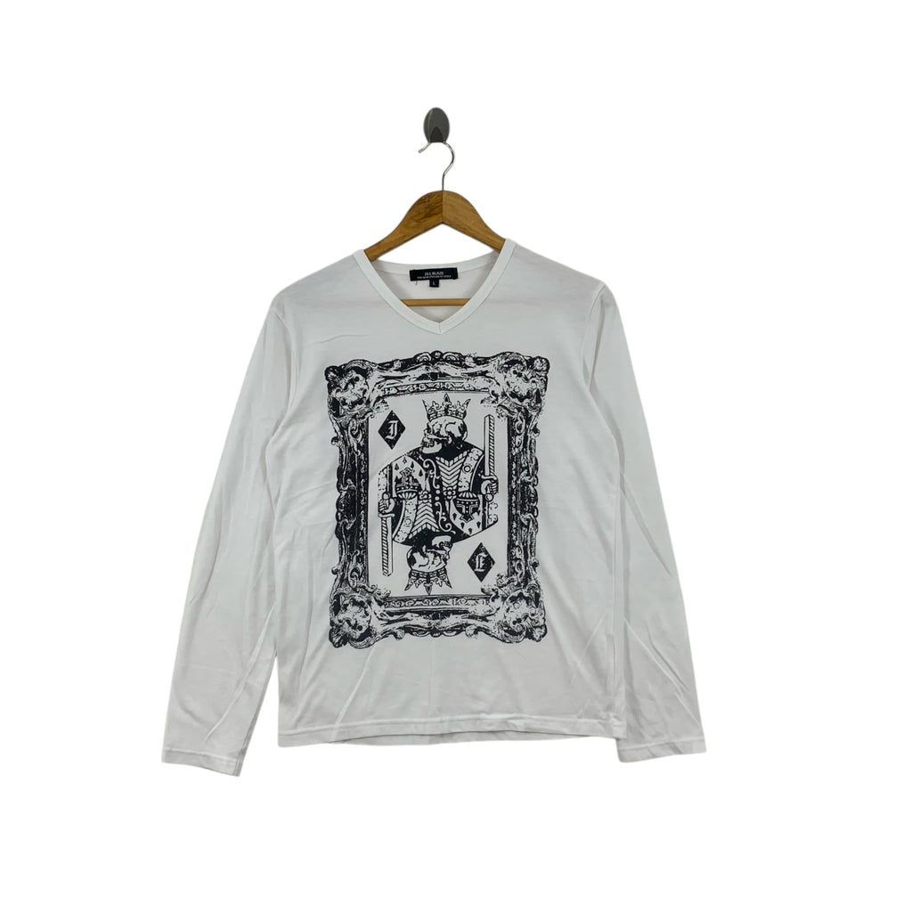 JILL BLAZER New York POKER Skull Bones Tattoo Tee Shirt Top V Neck Long Sleeve