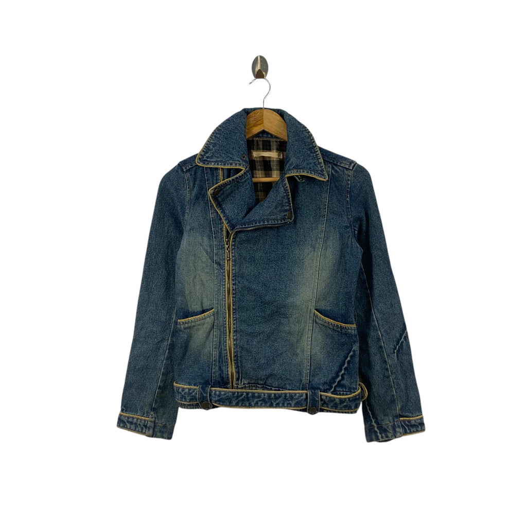 Vintage JAPANESE DENIM Asymmetry Zipper Denim Jeans Jacket Natural Dye