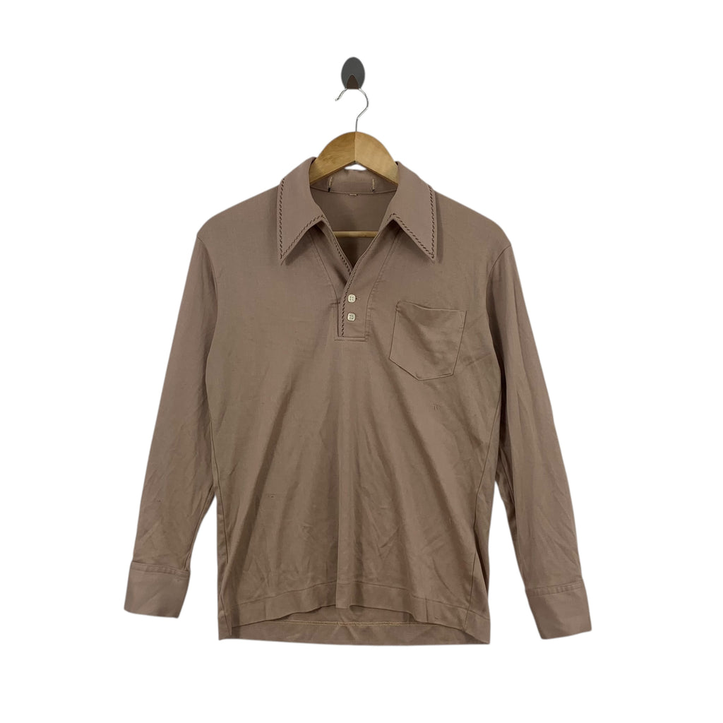 Vintage 70s WIDE COLLAR DISCO Brown Polo Tee Shirt Top Long Sleeve Top