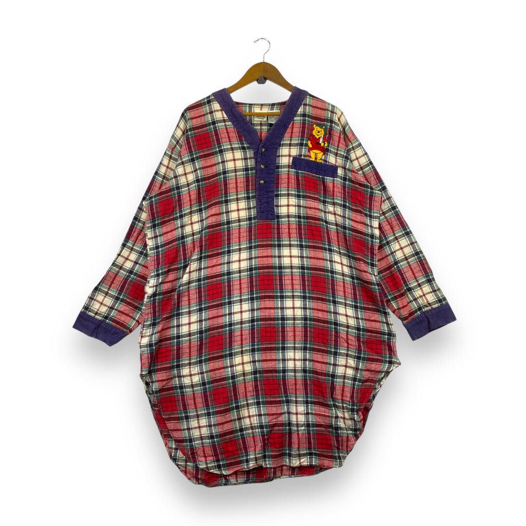 Vintage DISNEY WINNIE THE POOH Plaid Checks Flannel Tee Shirt Blouse Half Button