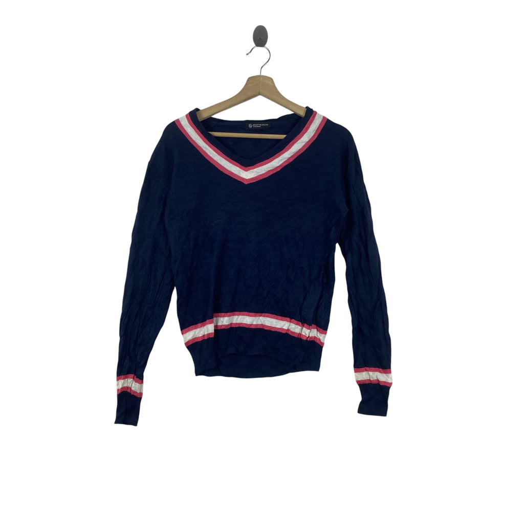 Vintage BEAUTY & YOUTH United Arrows V-Neck Knit Sweater Striped Trim Japanese Designer Minimalist Preppy Casual Pullover Long Sleeve Jumper