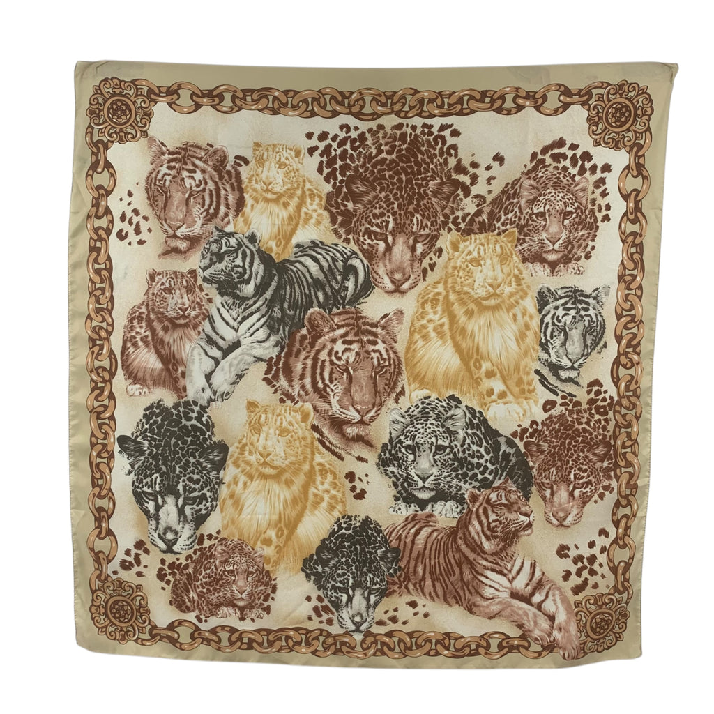 Vintage BIG CAT COLLAGE Tiger Jaguar Made In Italy Scarf Hand Rolled Shawl Neckerchief