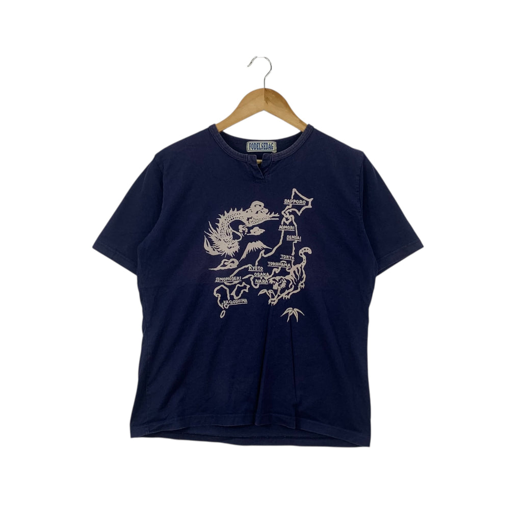 Vintage FODELSEDAG JAPAN SUKAJAN Natural Indigo Tee Shirt Top Fuji Dragon