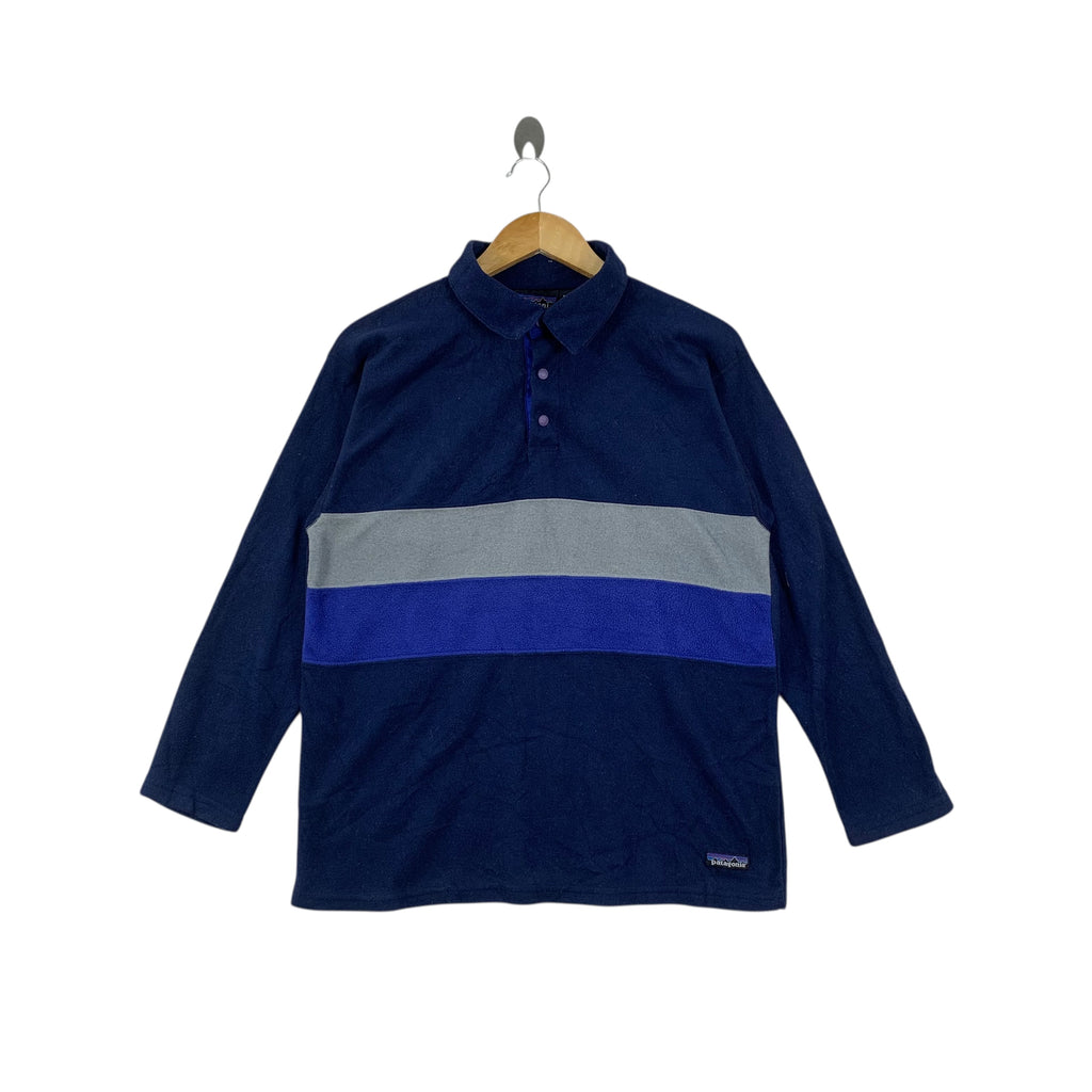 Vintage PATAGONIA MADE IN USA Striped Fleece Polo Tee Shirt Outdoor Windbreaker