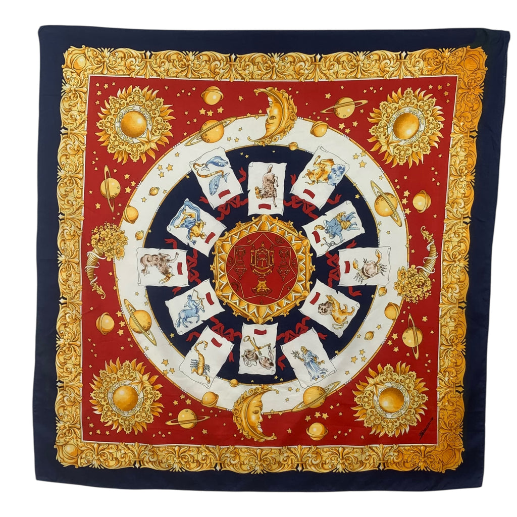 Vintage ASTROLOGICAL ZODIAC HOROSCOPE Scarf Hand Rolled Shawl Neckerchief Constellation