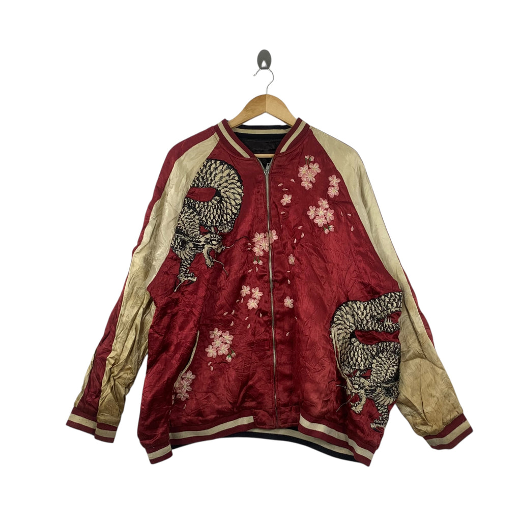 Vintage SUKAJAN JAPAN DRAGON RYU Rayon Bomber Jacket Embroidered Souvenir