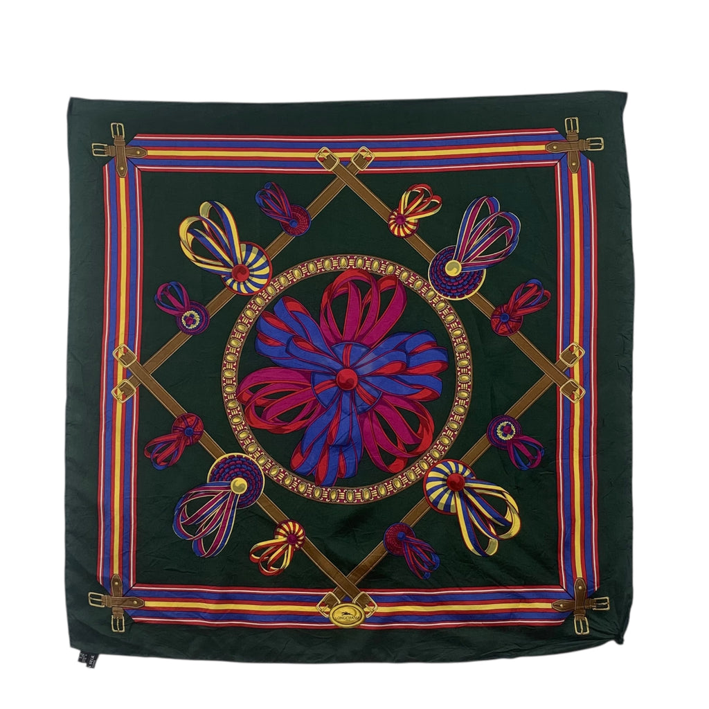 Vintage LONGCHAMP PARIS Ribbon Rosette Silk Scarf Hand Rolled Shawl Neckerchief