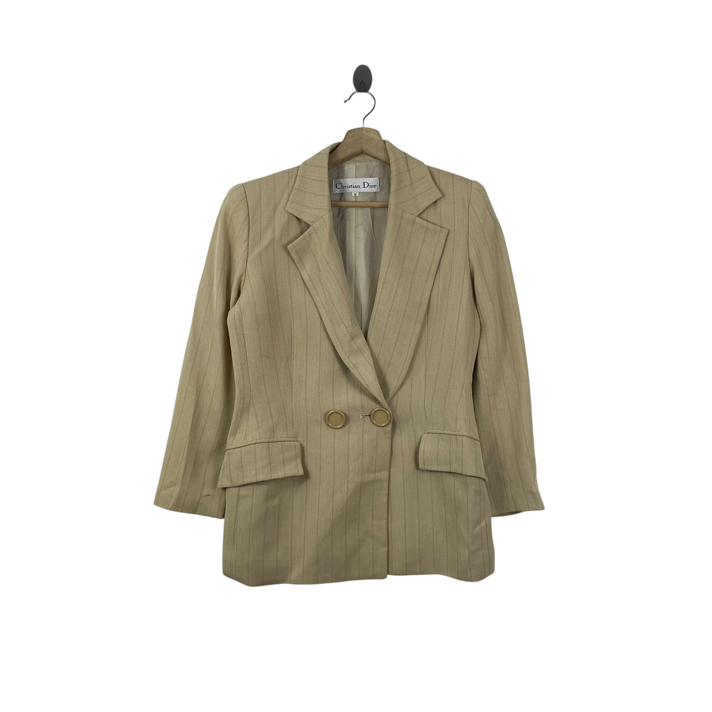 Vintage CHRISTIAN DIOR Pinstripe Double Breasted Blazer Jacket Notched Lapel Tailored Fit Long Sleeves and Front Flap Pockets Luxury Designer