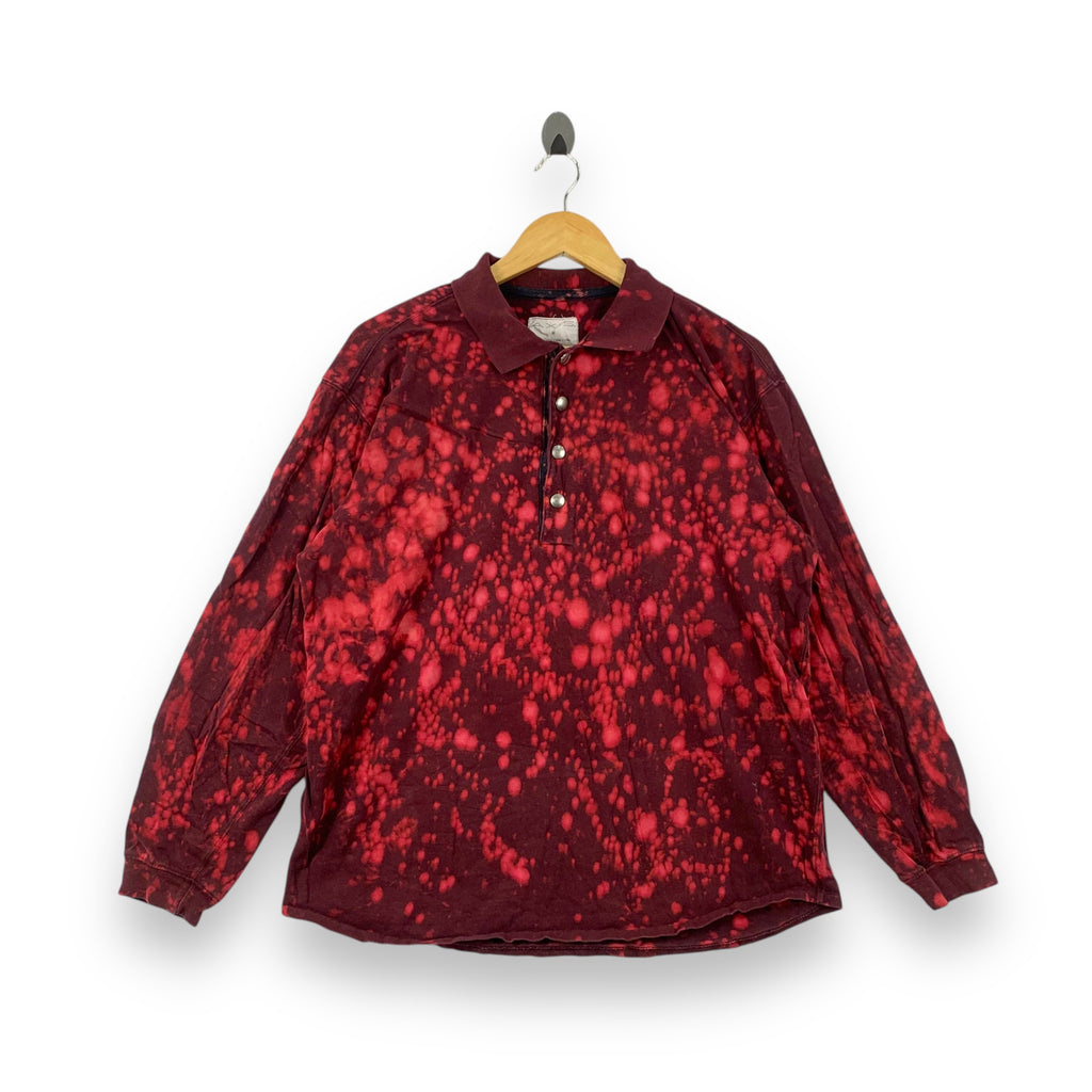Vintage AXIS USA Made Bleach Dye Polo Long Sleeve Shirt Red Black Grunge Aesthetic