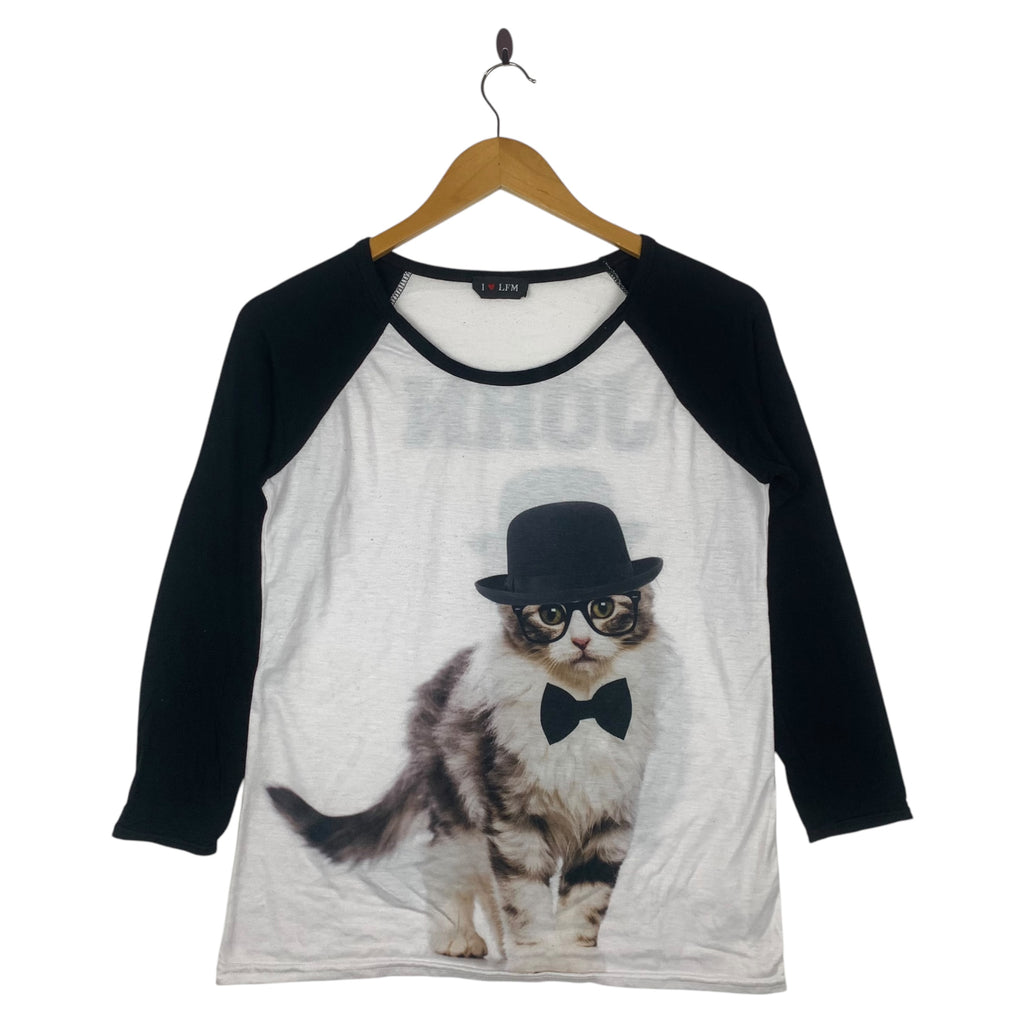 LFM JOHN Cat Graphic Raglan Made In France Tee Shirt Top Bowler Hat Cat Print Three Quater Sleeve