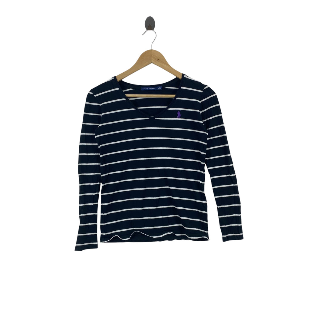 Vintage RALPH LAUREN Striped Long Sleeve V-Neck Tee Shirt Pony Logo Casual Preppy Slim Fit