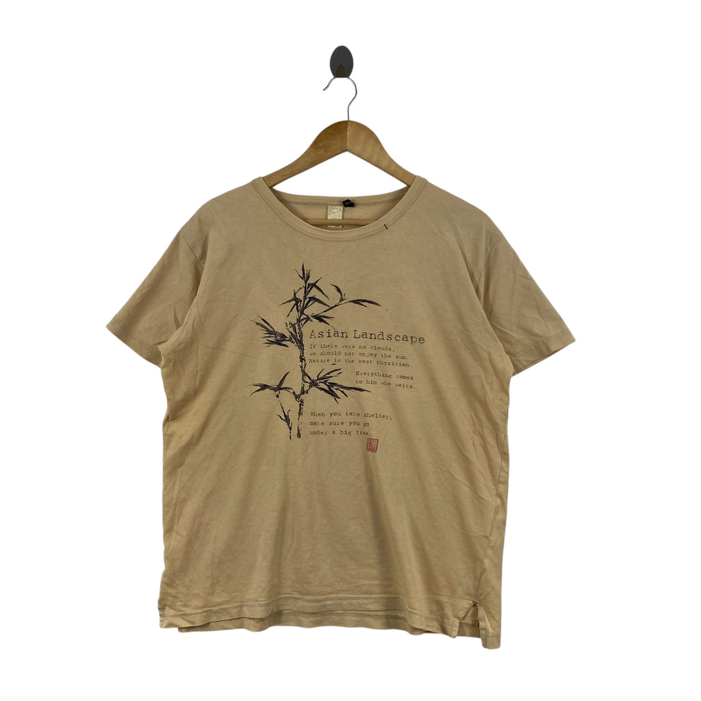 Vintage ASIAN LANDSCAPE Bamboo Graphic T-Shirt Earth Tone Nature Art Casual Streetwear
