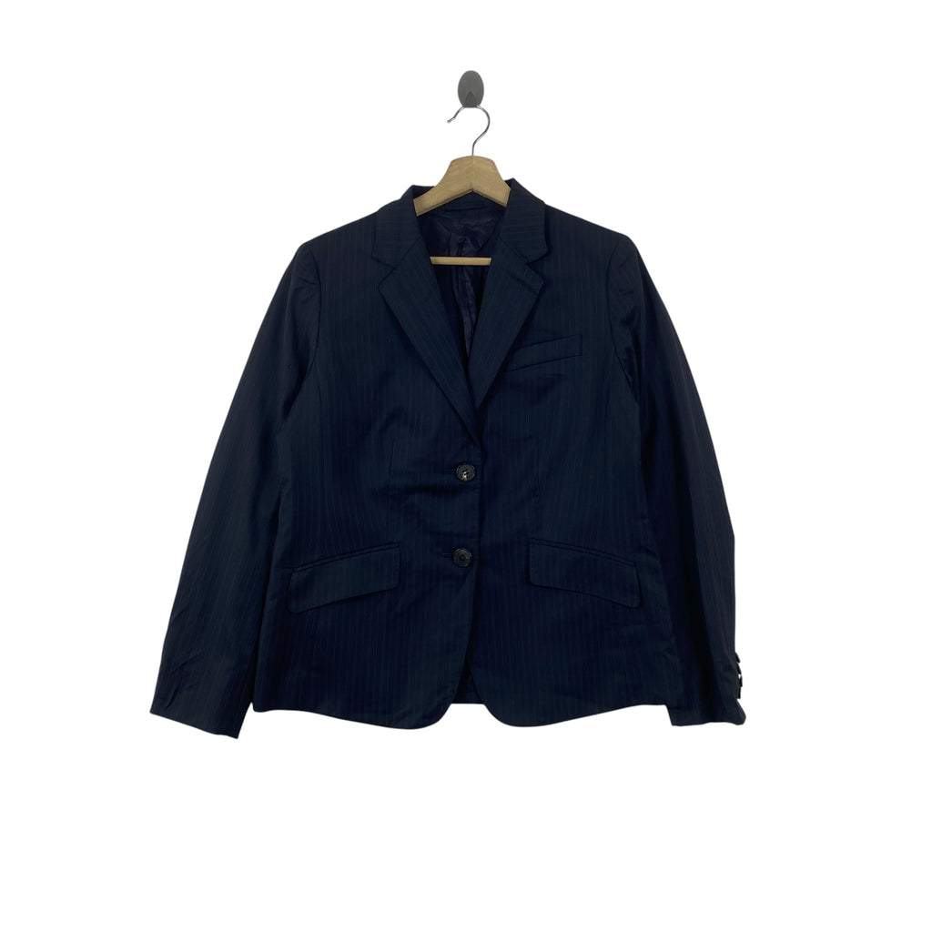 Vintage BURBERRY LONDON Pinstripe Blazer Jacket Classic Designer Tailored Suit Jacket with Notched Lapel Two Button Front Closure Flap Pockets and Signature