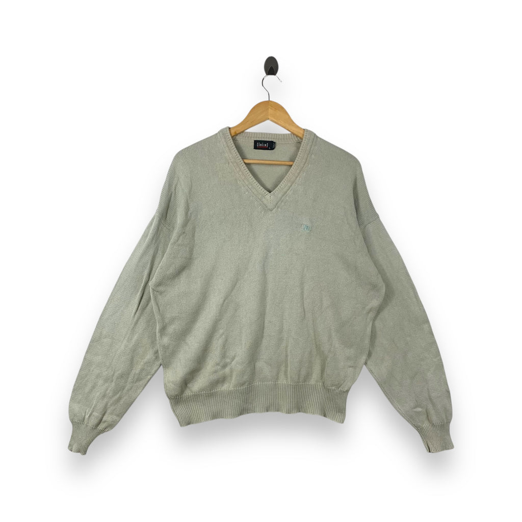 Vintage IXIZ JAPAN V-Neck Knit Sweater Light Gray Pullover Minimal Embroidered Logo