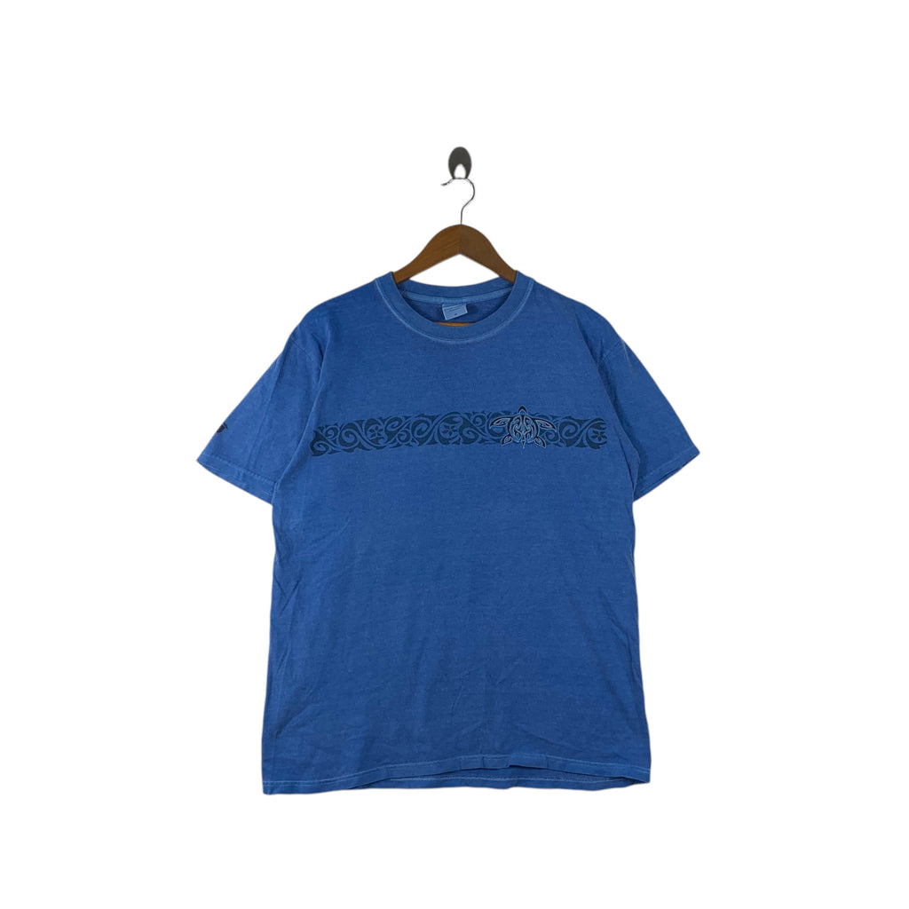 Vintage 90’ BLUE HONU GUAM Crazy Shirts Hawaii Tee Shirt Top Blue Hawaii Dyed Sea Turtle Aztec Native Preserve