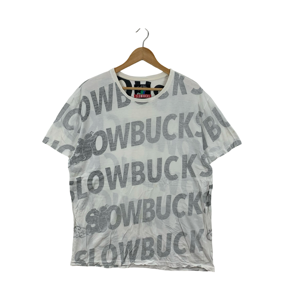Vintage Y2K SLOWBUCKS STREETWEAR Over Print Tee Shirt Top Big Logo AOP